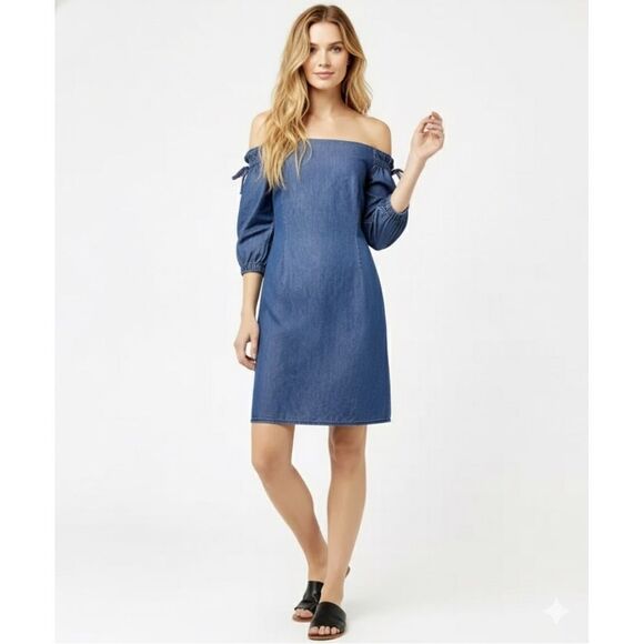 Warehouse Bardot Denim Bandeau Dress - Picture 1 of 8